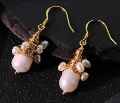 Handmade natural pearl wire-wrapped earrings geometric design white colour for women