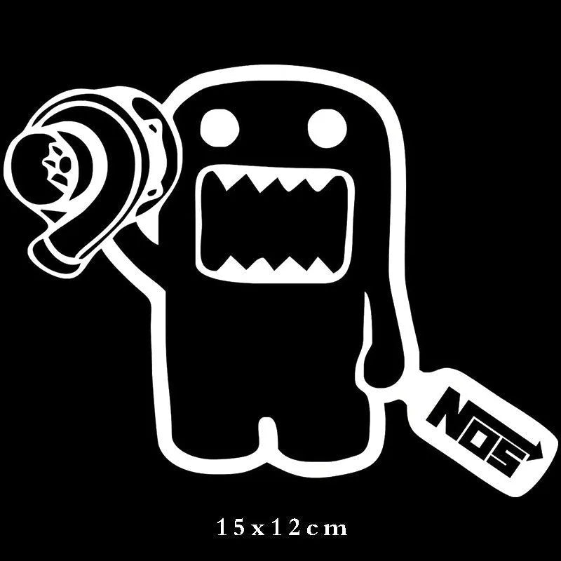 A black and white cartoon design printed on a 15x12cm PVC vinyl car sticker.