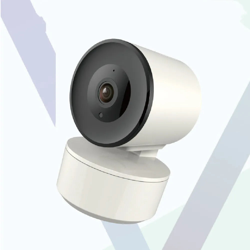 Smart Wi-Fi indoor security camera with pan-tilt mechanism showing 1080P video quality and motion detection