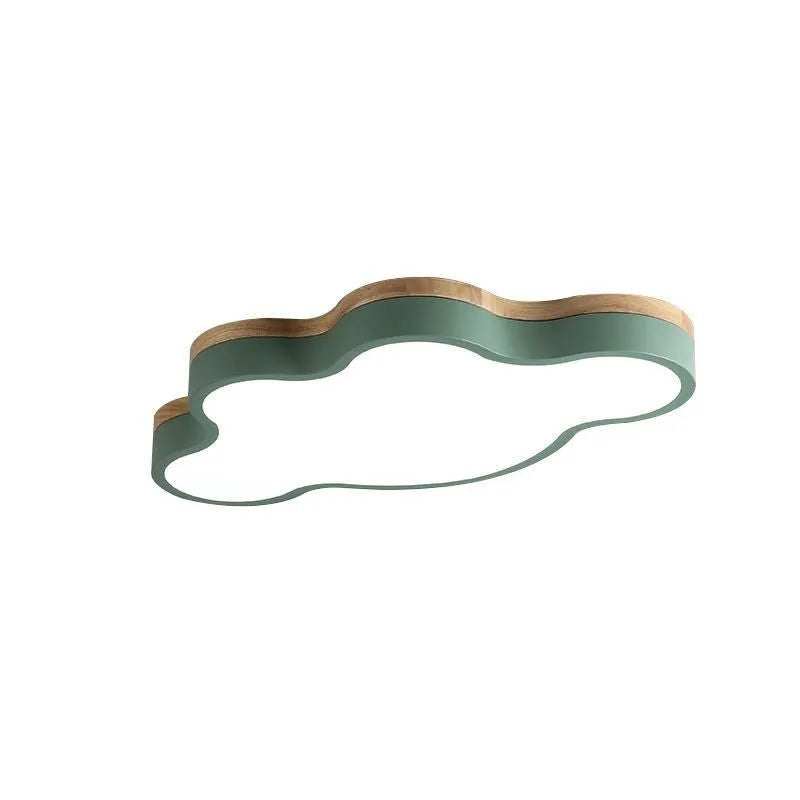 Modern cloud-shaped LED ceiling lamp in a wood tone colour, mounted on a white ceiling.