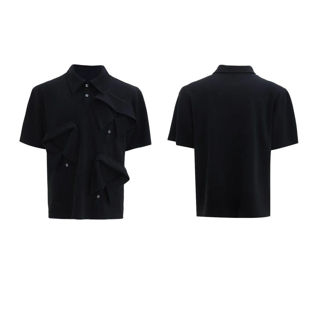 Men's loose fit deconstructed collar polo shirt with geometric pattern in black, grey, and white.