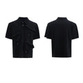 Men's loose fit deconstructed collar polo shirt with geometric pattern in black, grey, and white.
