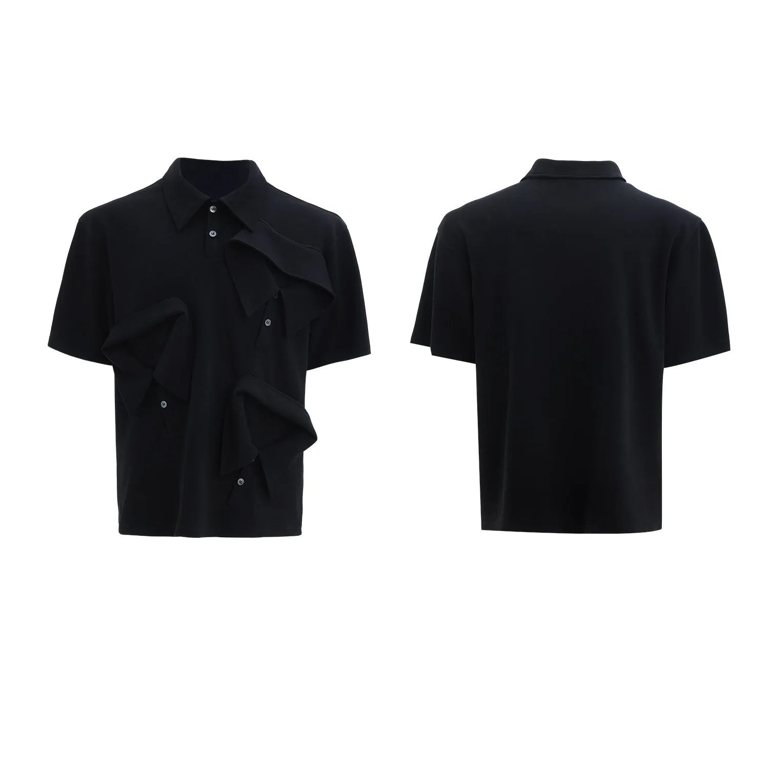 Men's loose fit deconstructed collar polo shirt with geometric pattern in black, grey, and white.