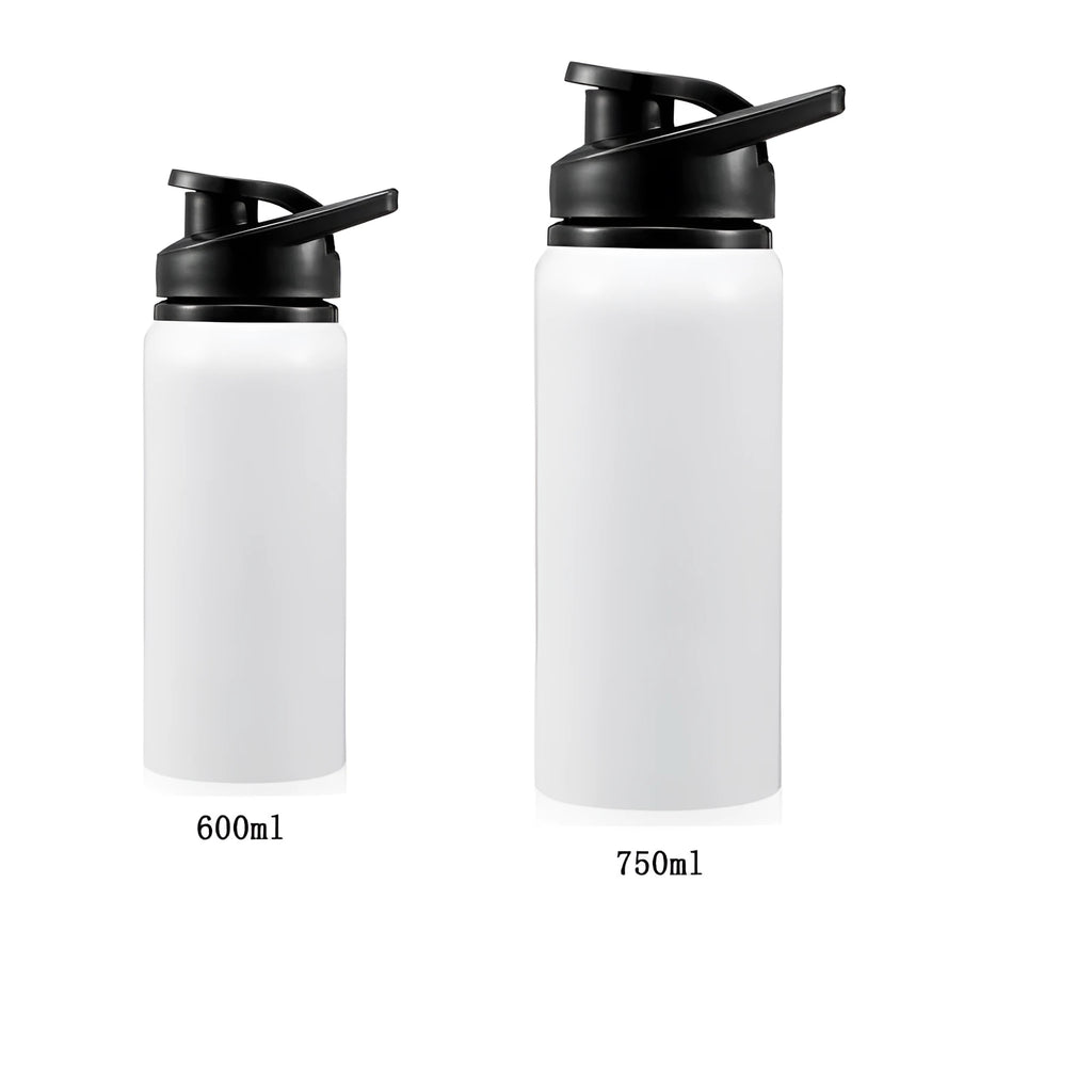 White aluminium sports water bottle for cycling and outdoor activities showing 600ml and 750ml size options.