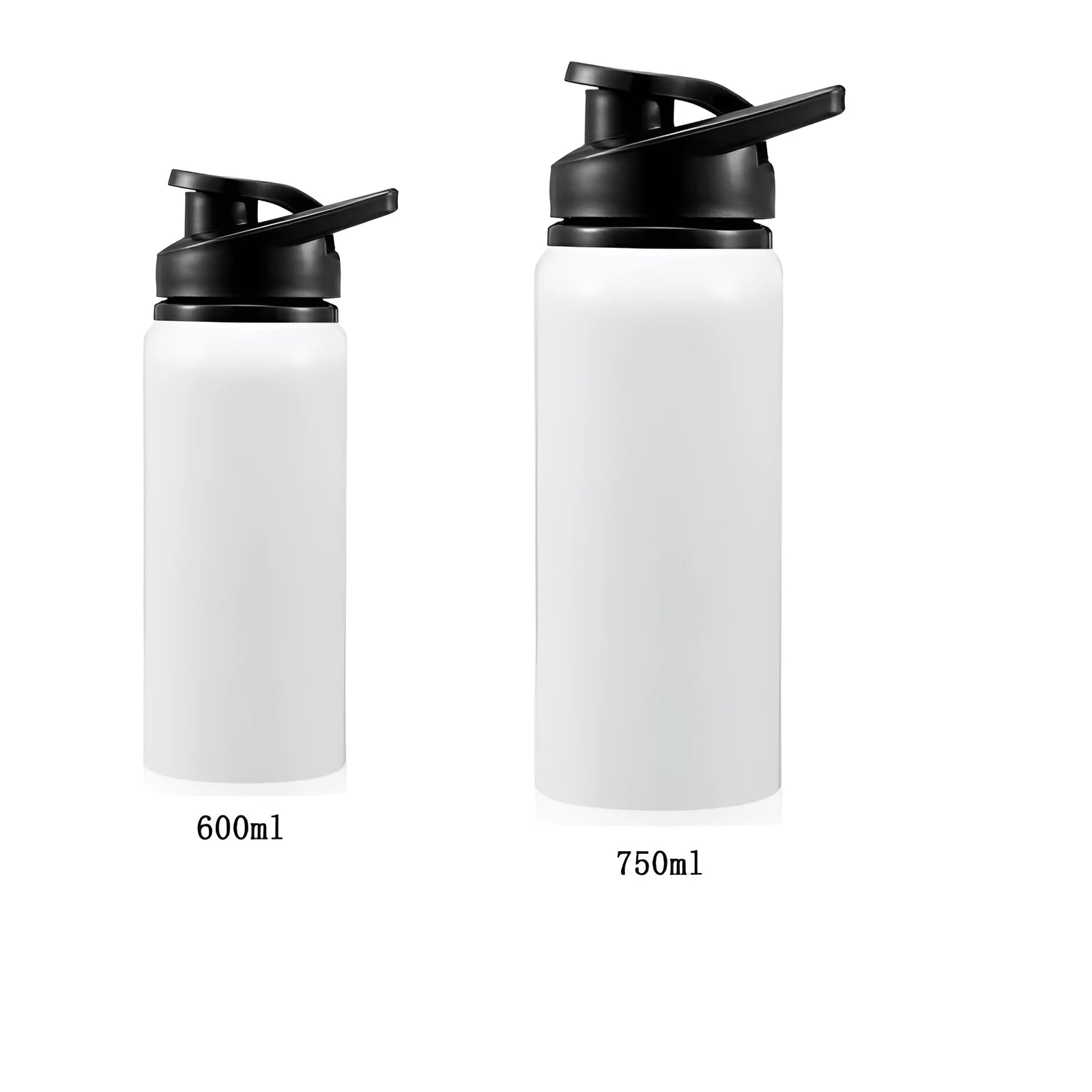 White aluminium sports water bottle for cycling and outdoor activities showing 600ml and 750ml size options.