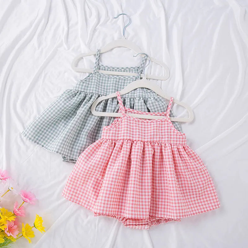 Korean style baby sling romper plaid dress in light green, polyester fabric, front view