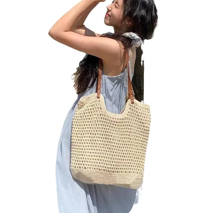 Beige woven cotton linen shoulder bag with large capacity for beach holidays