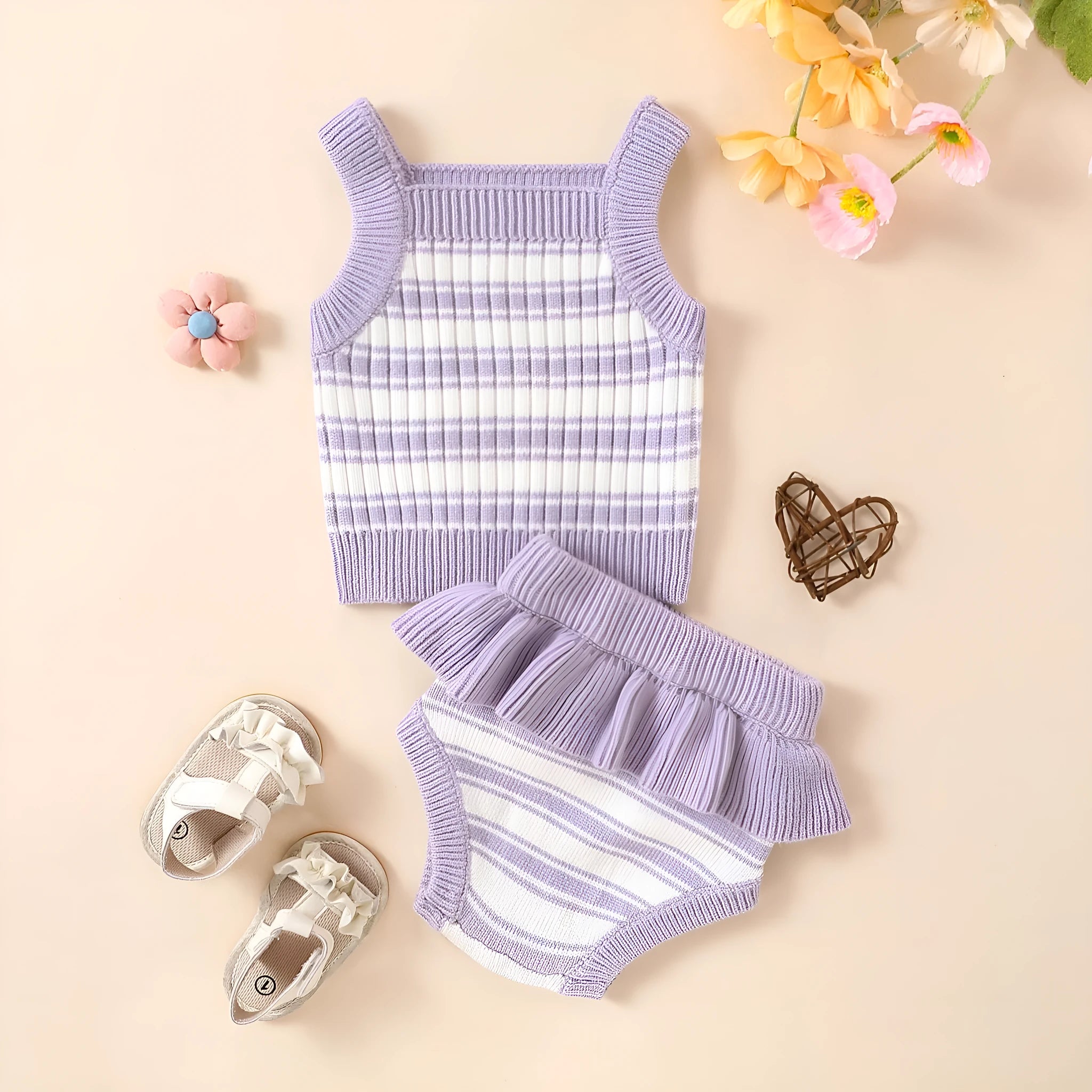 Girls violet floral two-piece polyester baby set, suitable for 0-18 months, front view
