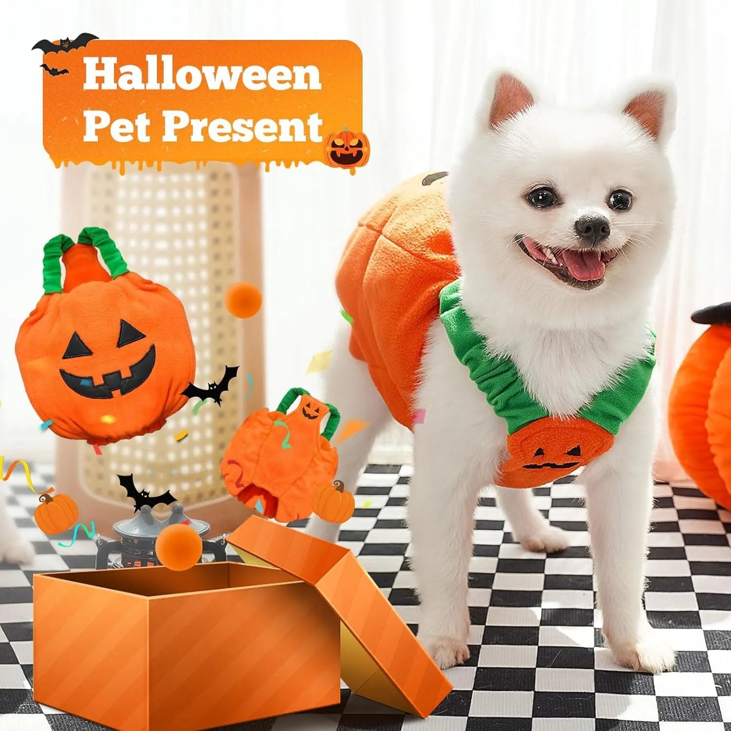 Orange plush pumpkin Halloween costume for small dog with pullover design and festive appearance