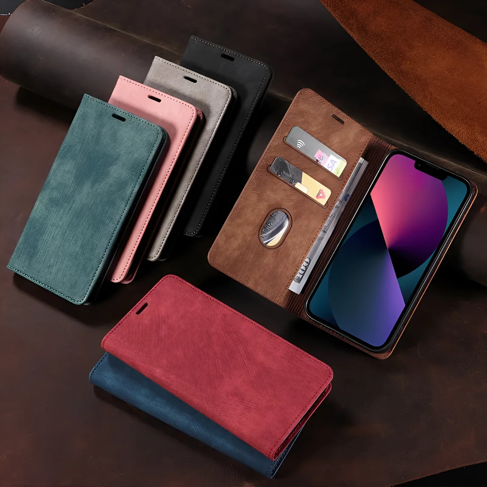 Magnetic leather flip phone case for iPhone in grey, showing front cover closed.