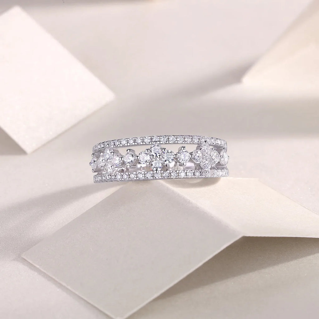 Moissanite wedding ring set on white background, S925 silver with platinum plating, ring size 7, includes GRA certificate and gift box