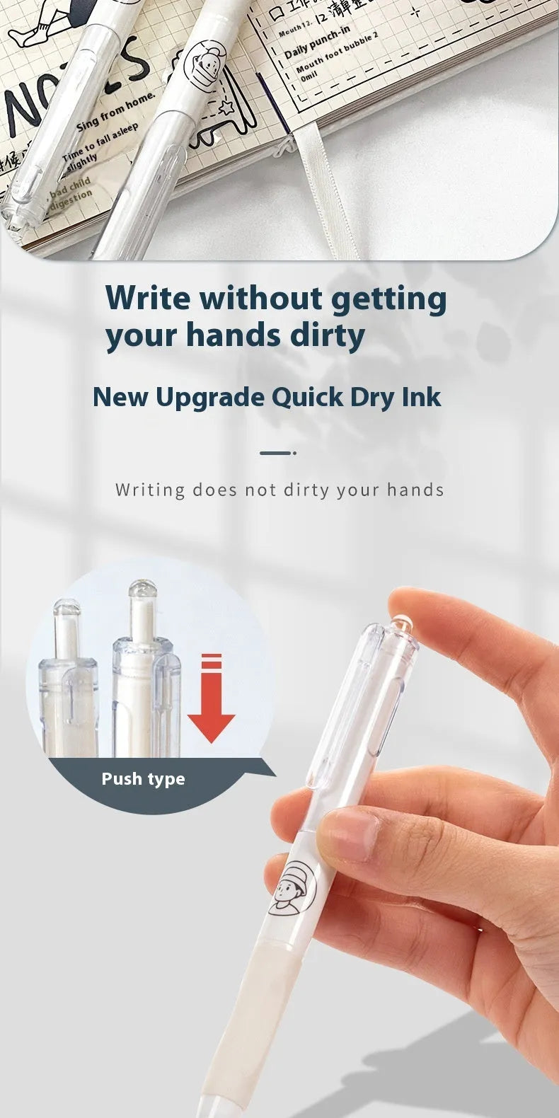 Five white plastic ballpoint pens with 0.5mm black ink tips arranged together