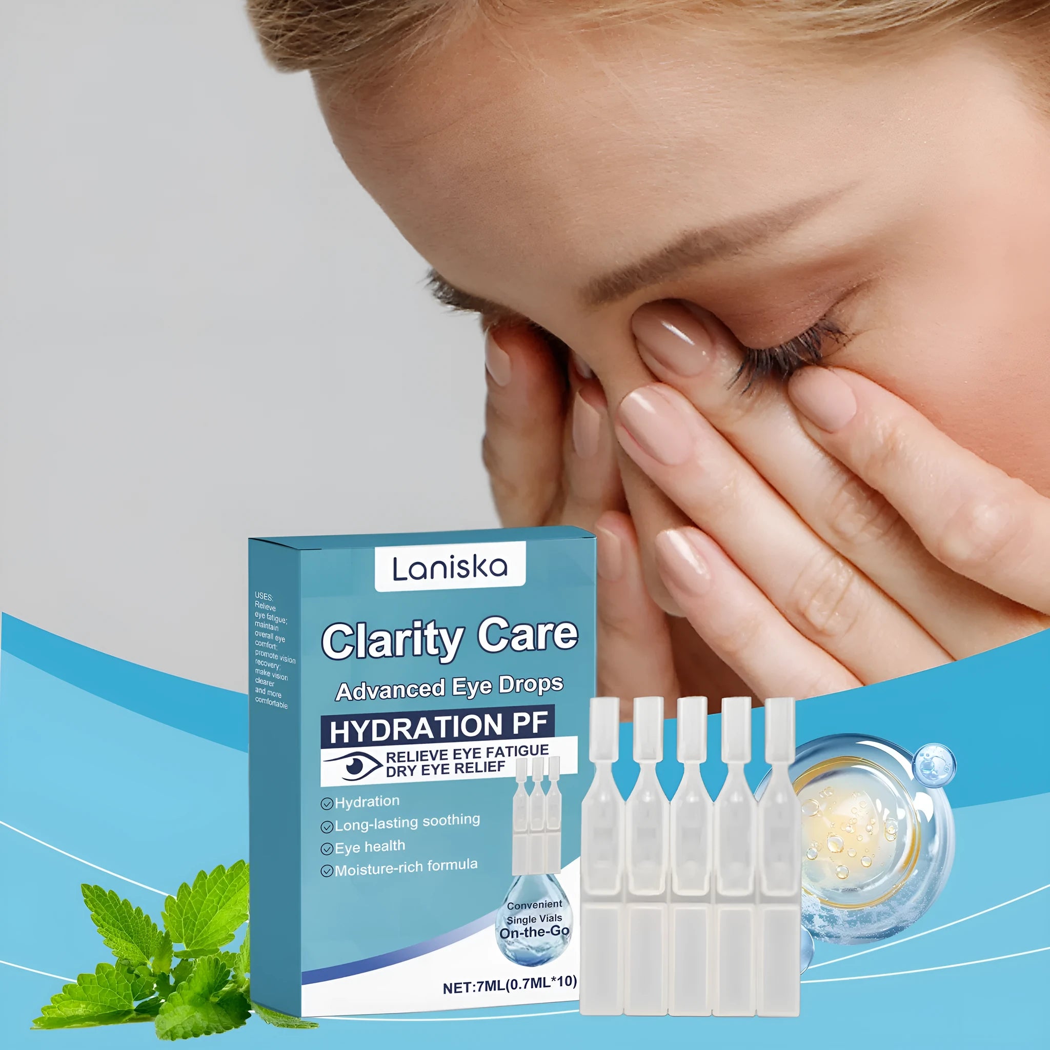 Bottle of moisturising eye drops with mint leaf and sodium hyaluronate for gentle eye care