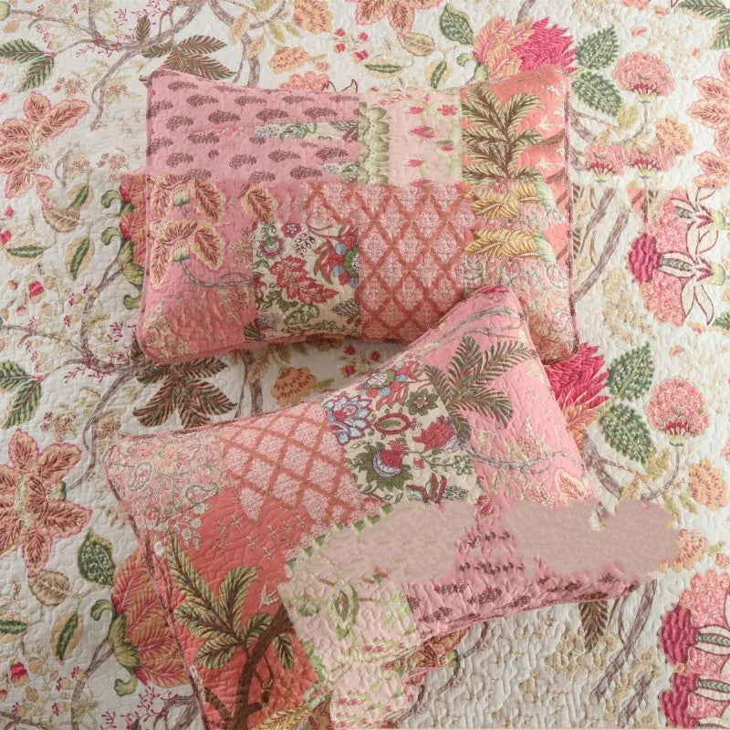 Pure cotton bedding set three-piece, retro floral pattern, pink, plain weave, 230x230cm for 2.0m bed