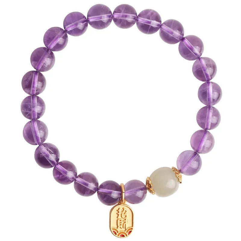 Women's amethyst bracelet with 8mm crystal beads in a geometric, national style design.