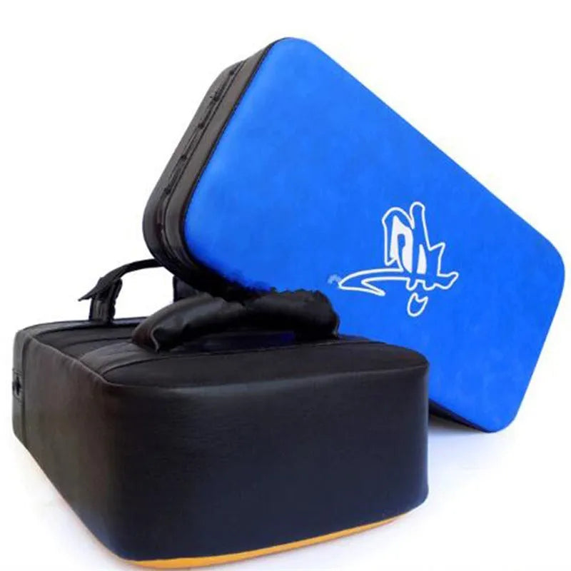 Thickened blue square foot boxing pad in vertical stance for Sanda training