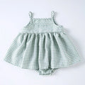 Korean style baby sling romper plaid dress in light green, polyester fabric, front view