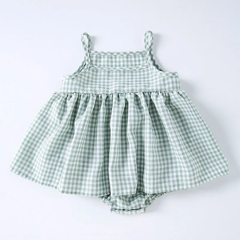 Korean style baby sling romper plaid dress in light green, polyester fabric, front view