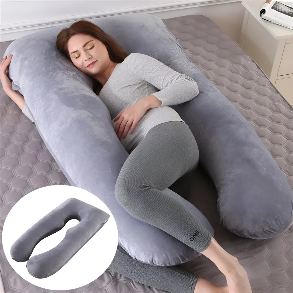 U-shaped pregnancy pillow in ice silk fabric, shown in grey colour.