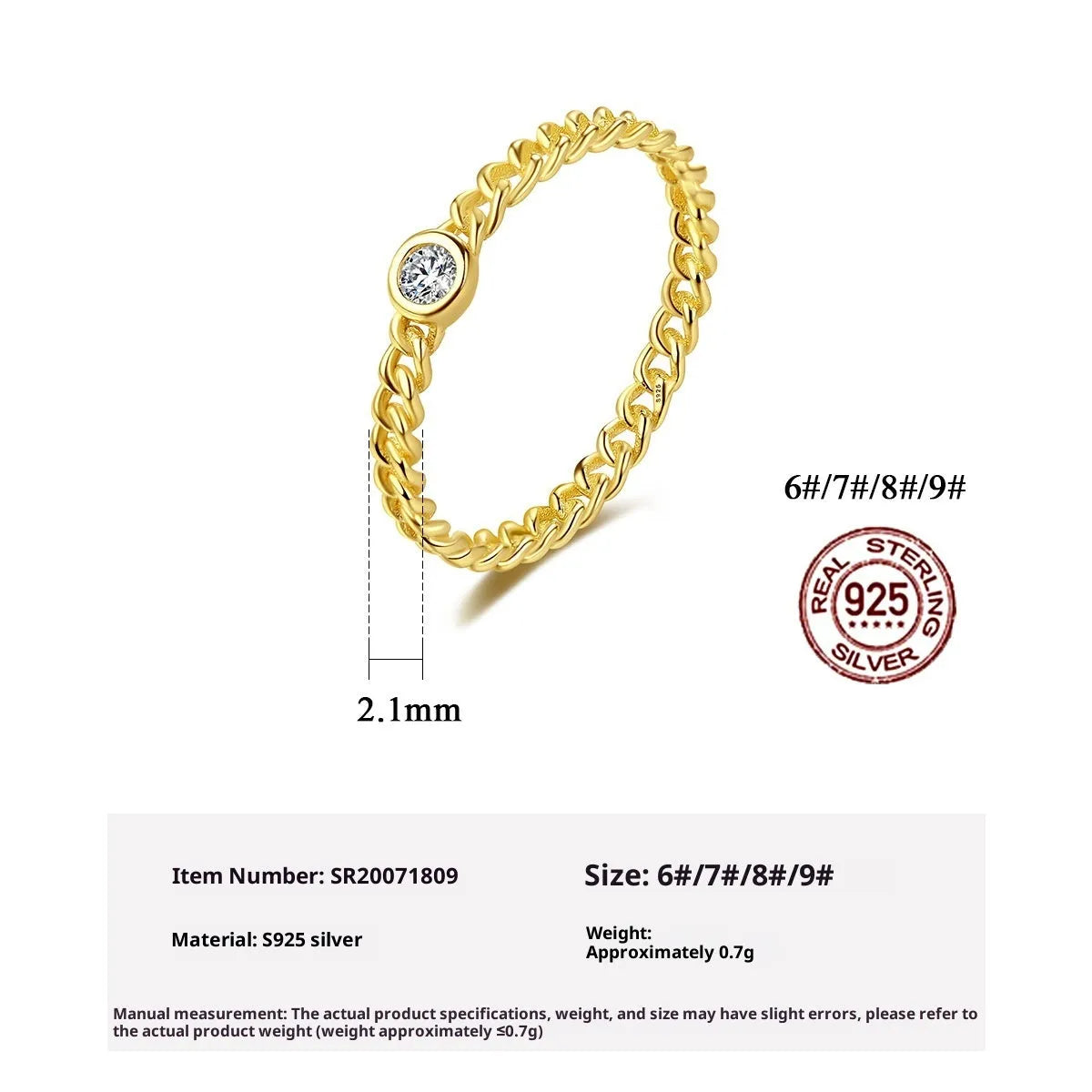 Close-up of 925 silver twist gold ring with geometric chain detail on a neutral background