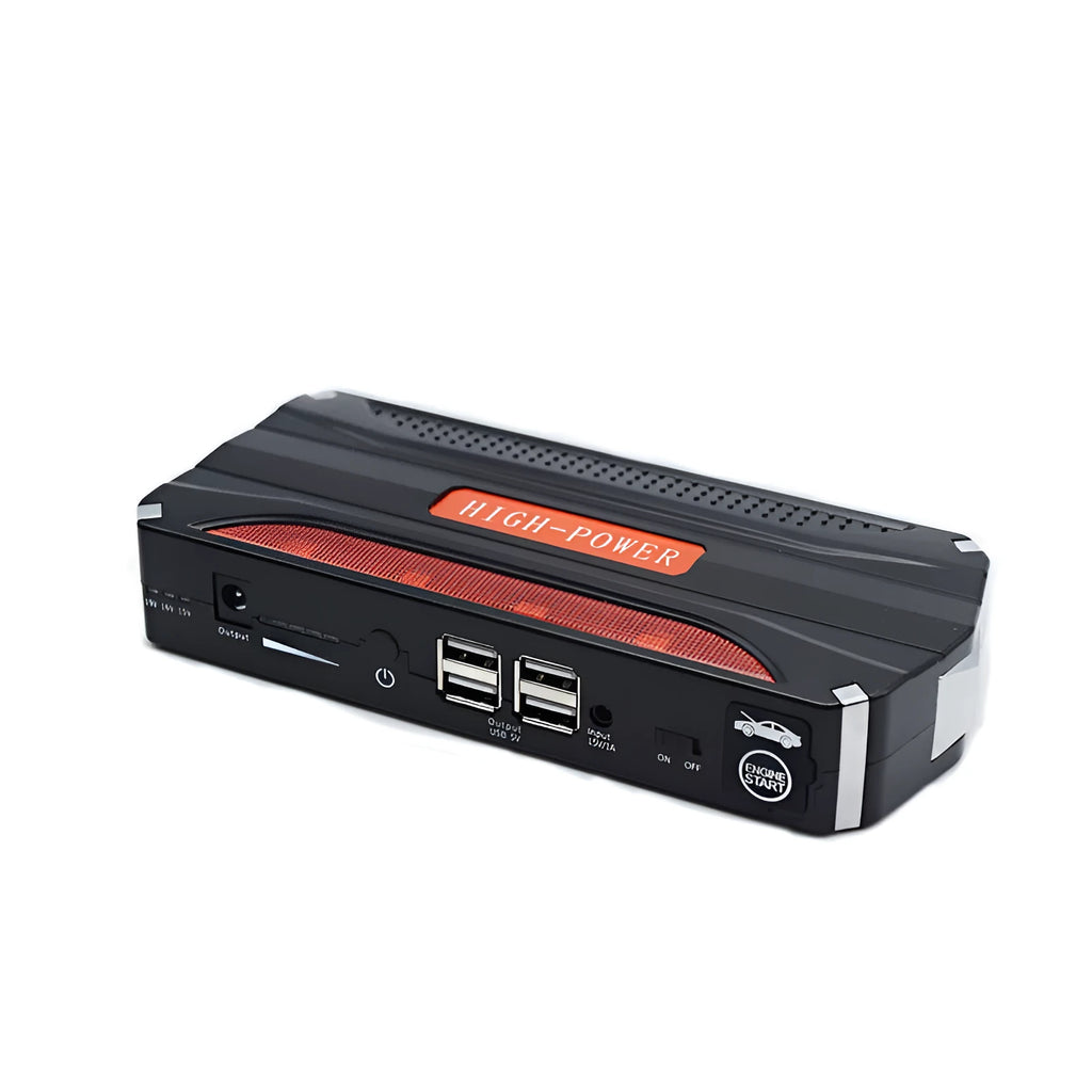 Black and red 12V vehicle emergency jump starter power supply unit with 7800mAh capacity.
