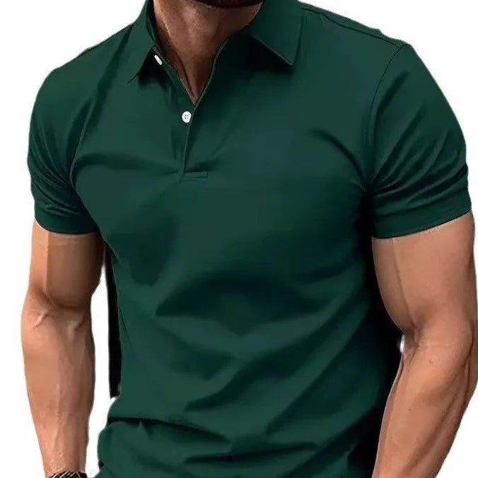 Men's slim fit solid colour short sleeve button shirt in a cotton mix fabric.