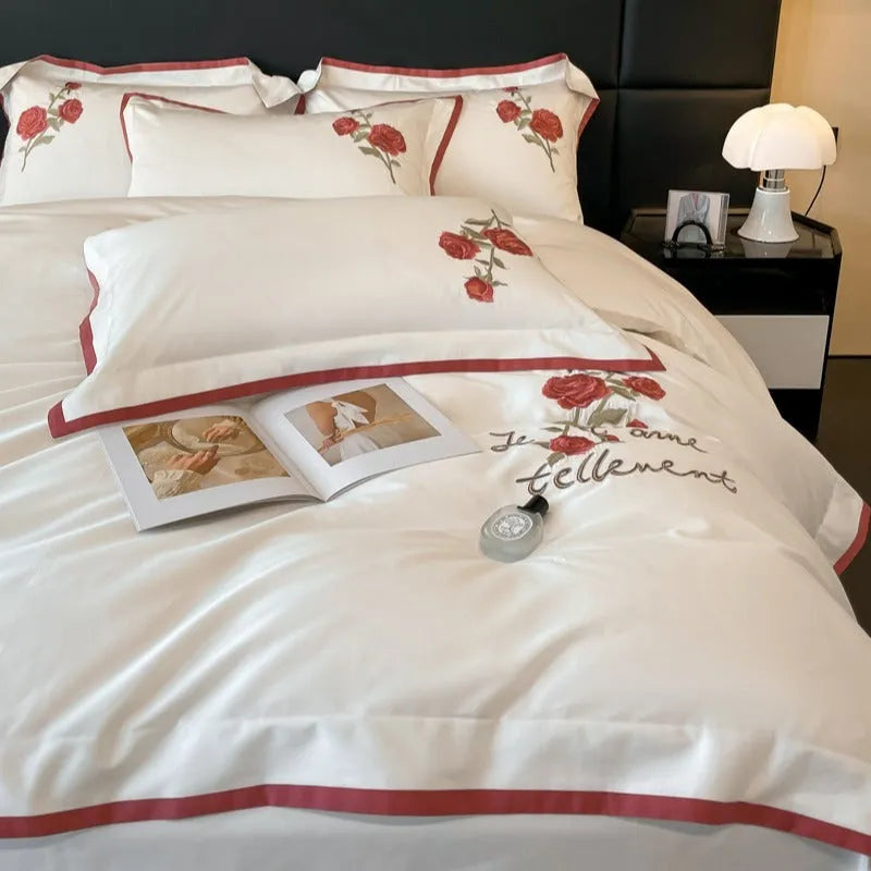 Pure cotton four-piece bedding set in solid colour with embroidery, including quilt cover 200x230cm and pillowcases 48x74cm