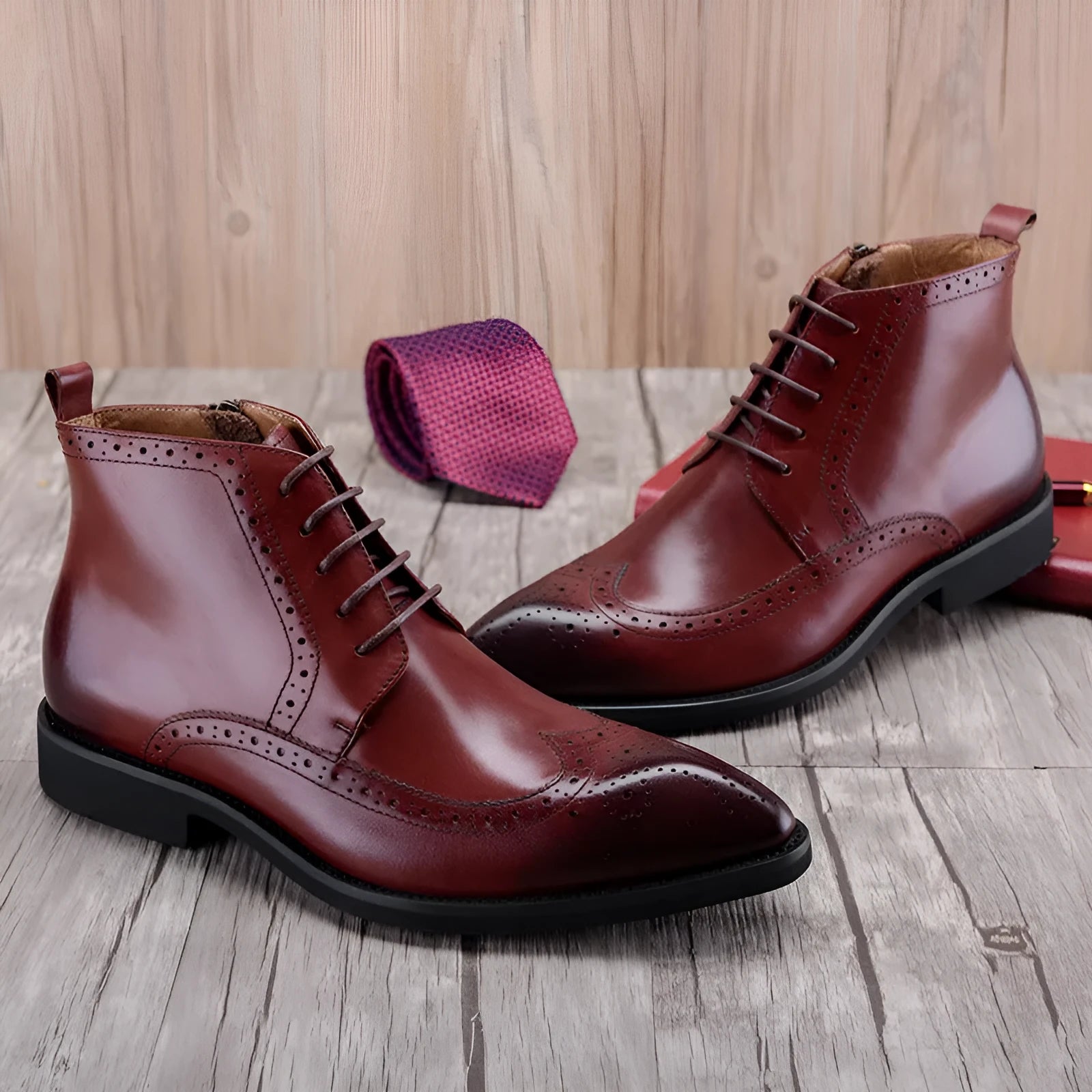 Carved genuine leather mid-calf boots in wine red with low heel and rubber sole