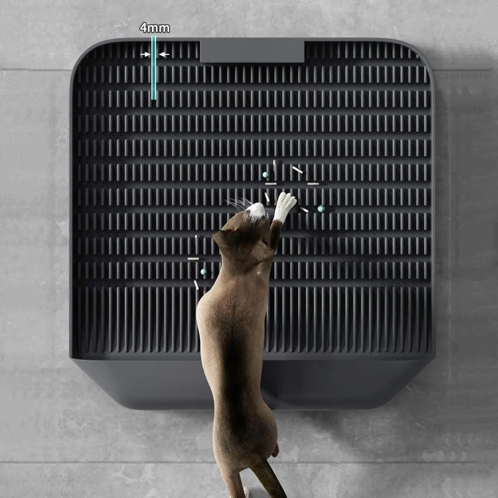 Large black cat litter pedal with slanted mouth design and textured surface measuring 37x37cm