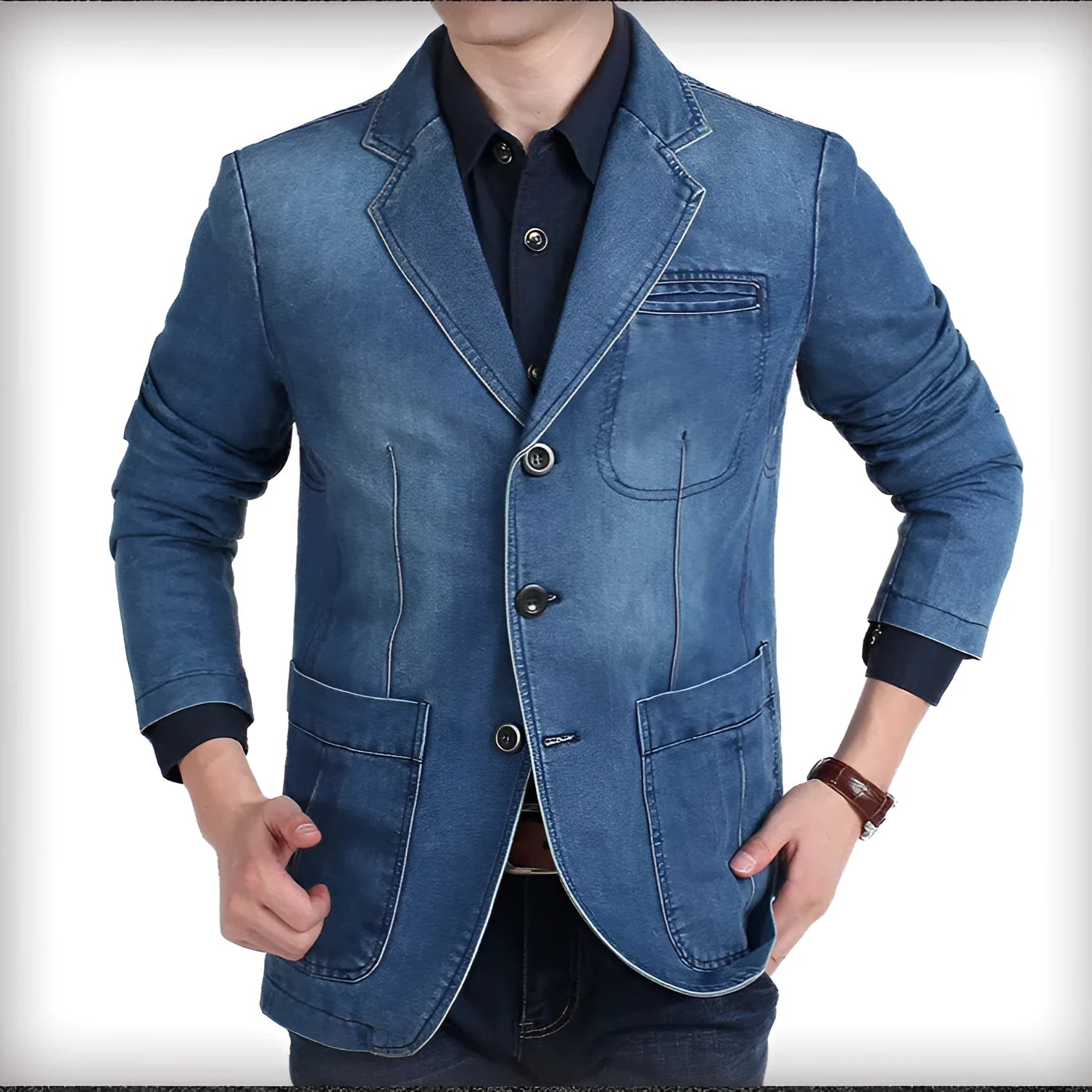 Casual solid colour cotton denim suit jacket for men, slim fit, top patch pockets, light blue
