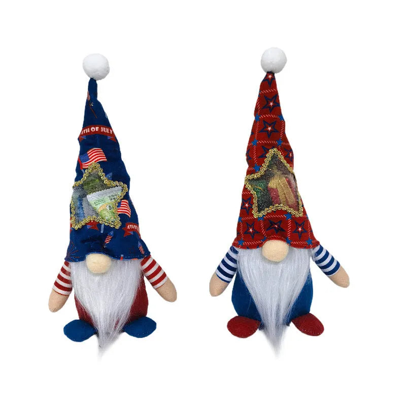 Two faceless red Rudolf baby doll cloth ornaments with suit design, 32cm long.