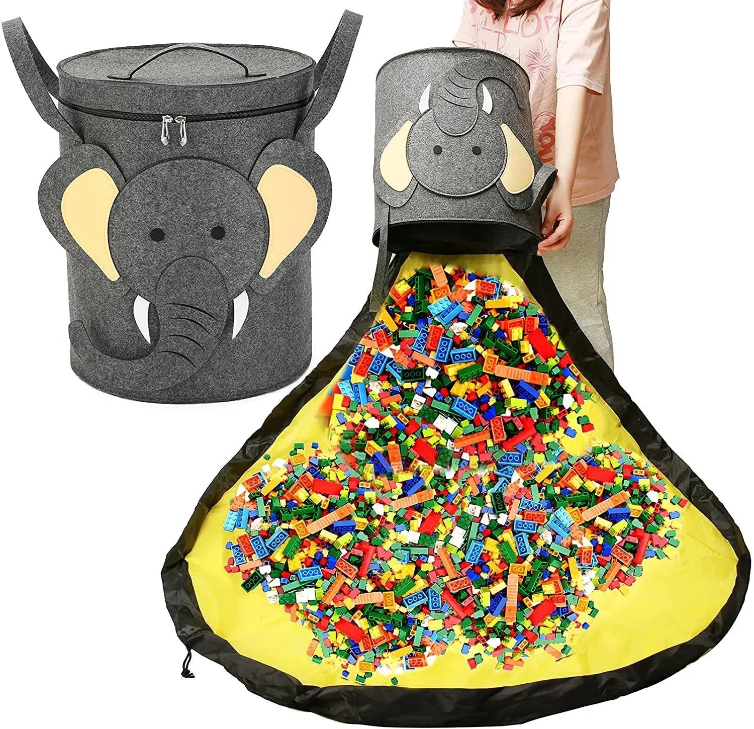 Green felt cube storage bag with pull rope handles that converts to toy play mat