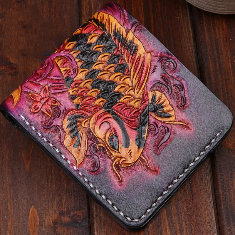 Men's solid colour cow leather short wallet with open closure, shown in red, blue, and gold.