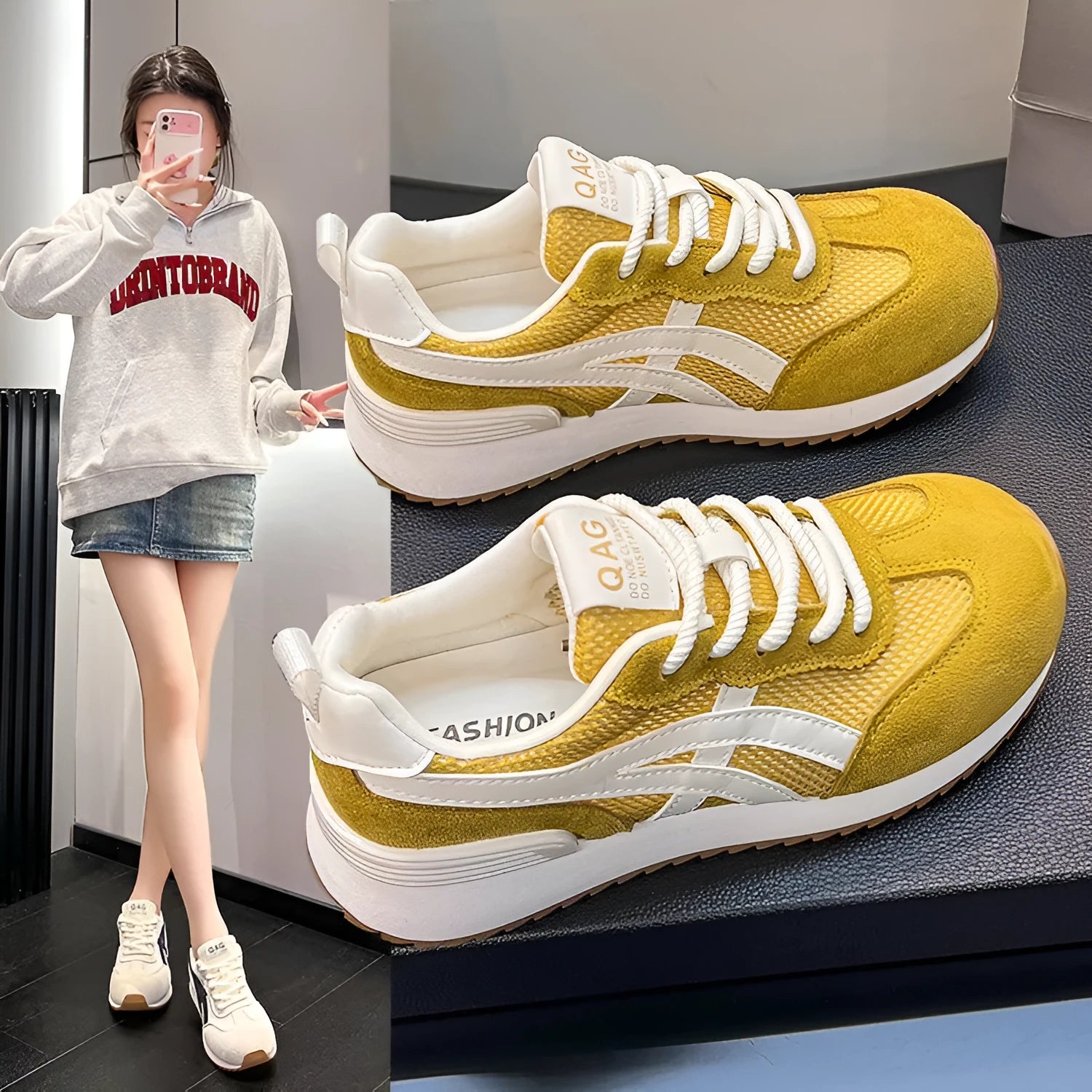 Women's white lace-up casual sneakers with round toe and flat heel