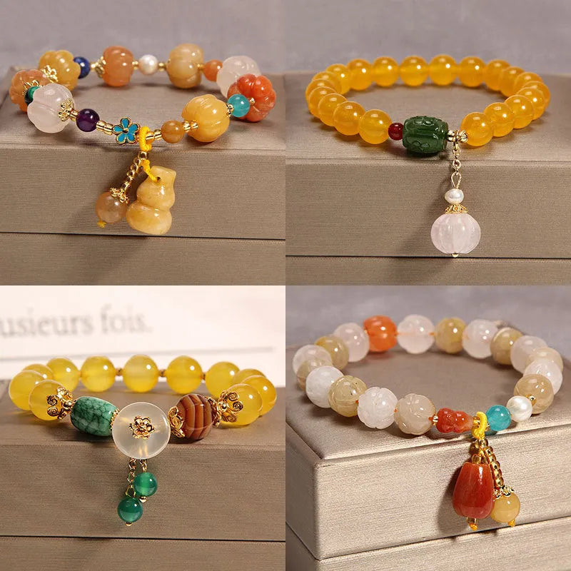 Yellow agate crystal bracelet with gold silk threading for women in khaki colour