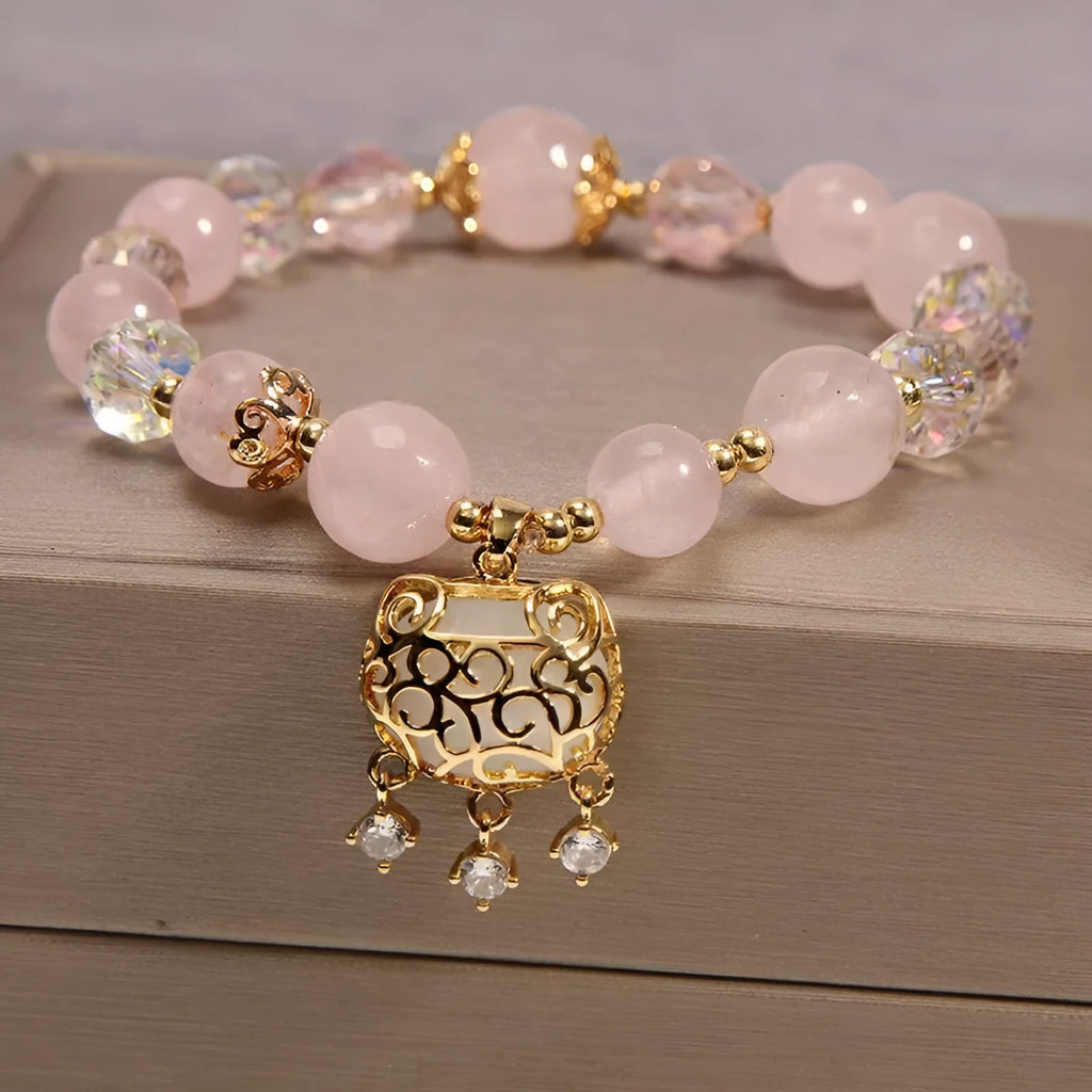 Yellow agate crystal bracelet with gold silk threading for women in khaki colour