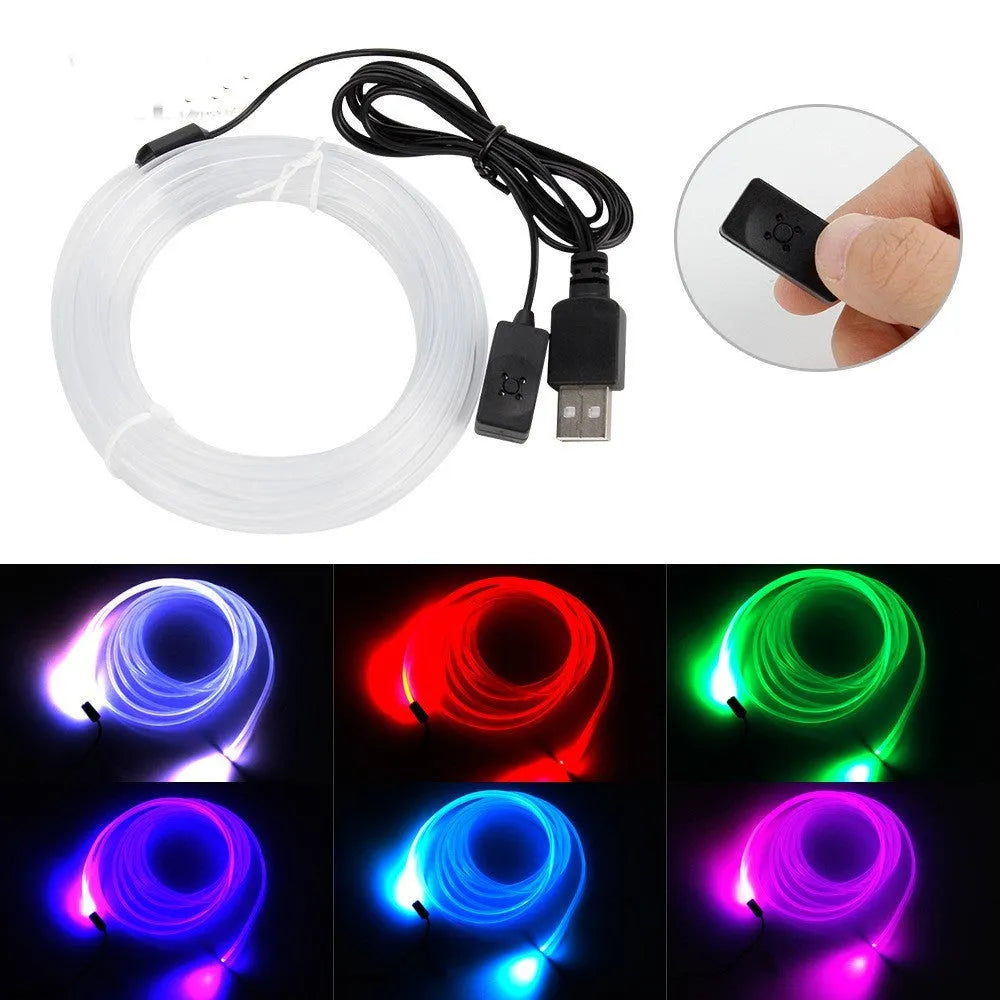 Universal car EL ambience light strip with USB connector in colourful illuminated state