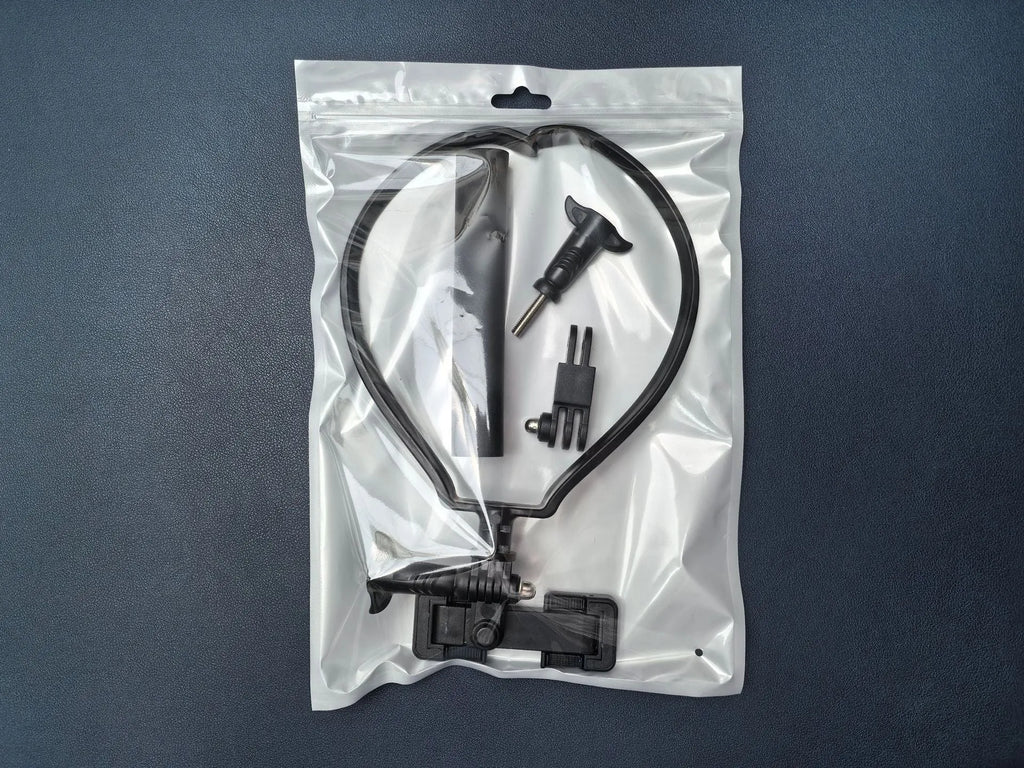 Universal plastic cell phone neck hanging bracket in black with horizontal and vertical clip, extension, and anti-slip cushion