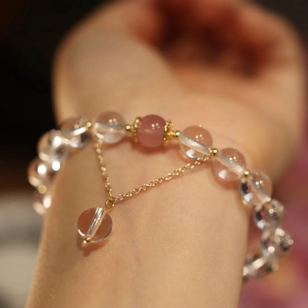 White crystal and cat eye obsidian geometric bracelet with Chinese auspicious patterns