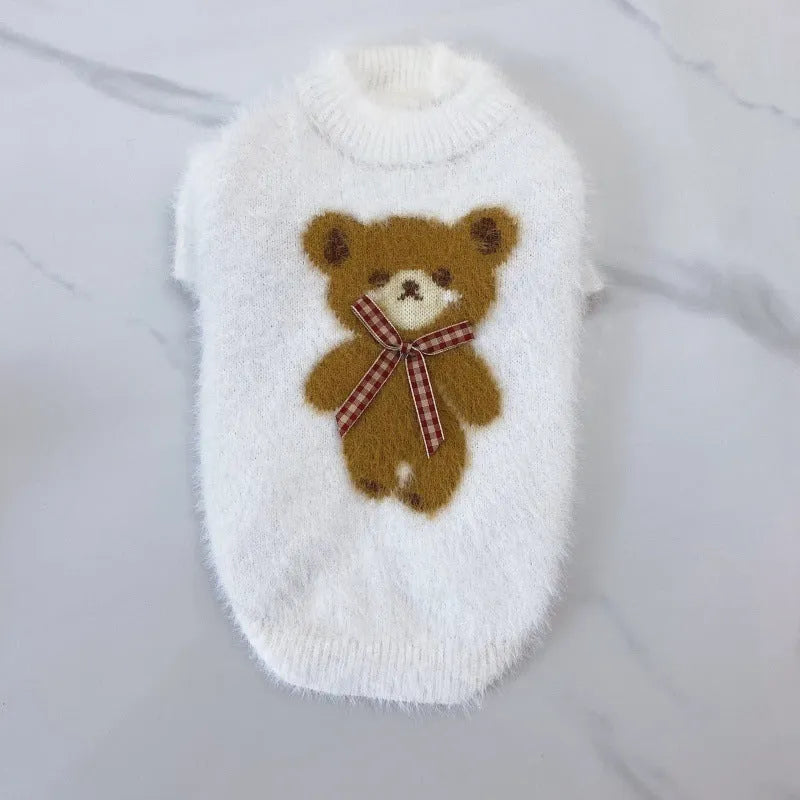 New winter dog cat bow tie bear sweater in wool, pet clothing in purple, pink, green-blue, white