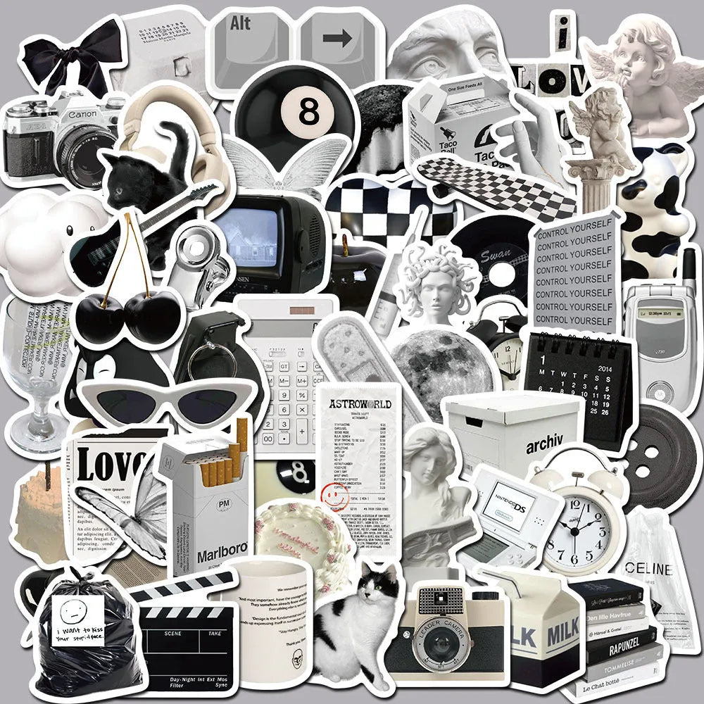 Set of 61 black and white coffee cup design PVC waterproof stickers for laptops and phones.