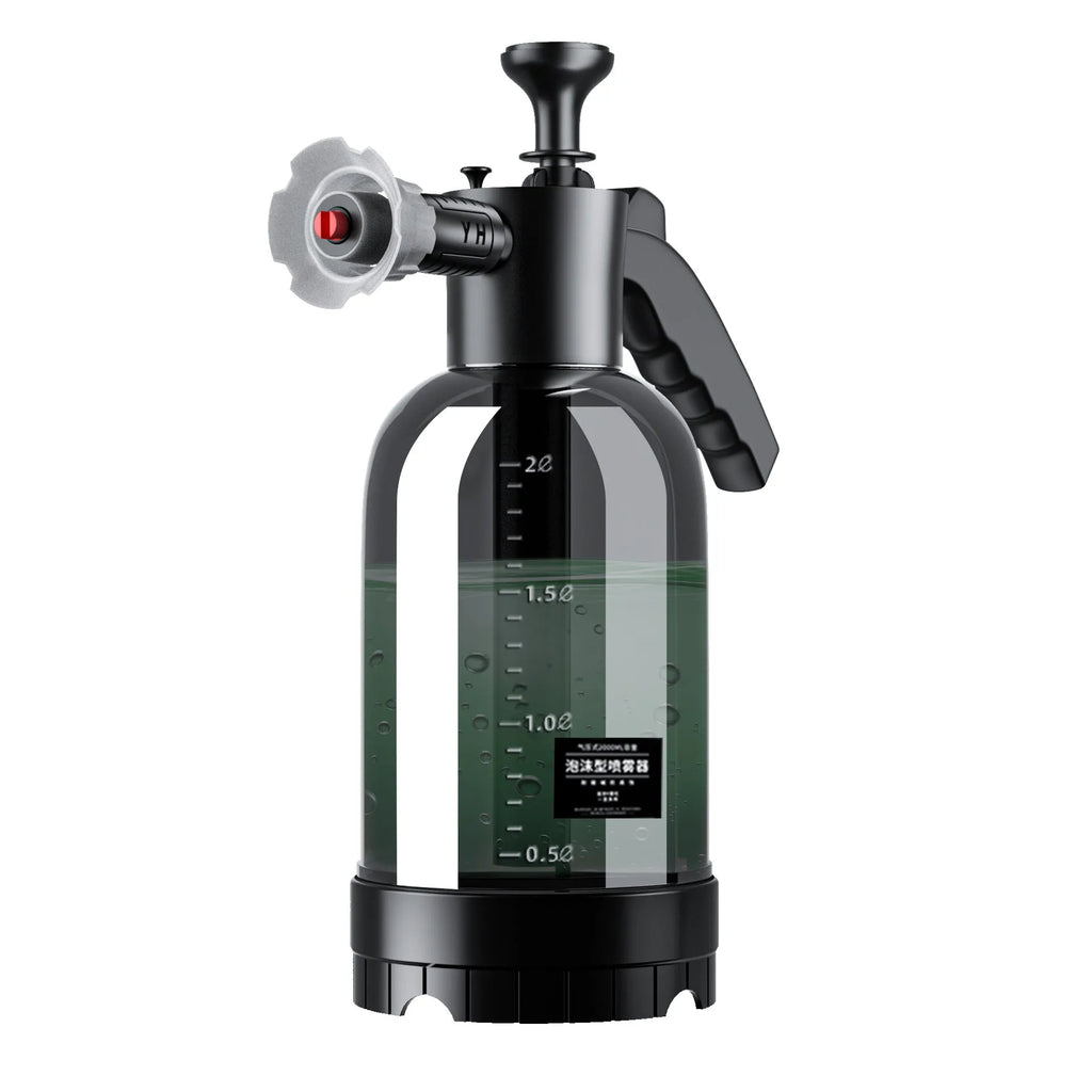 Hand-held 2 litre car wash foam sprayer gun with electric pump and high-pressure water cannon attachment.