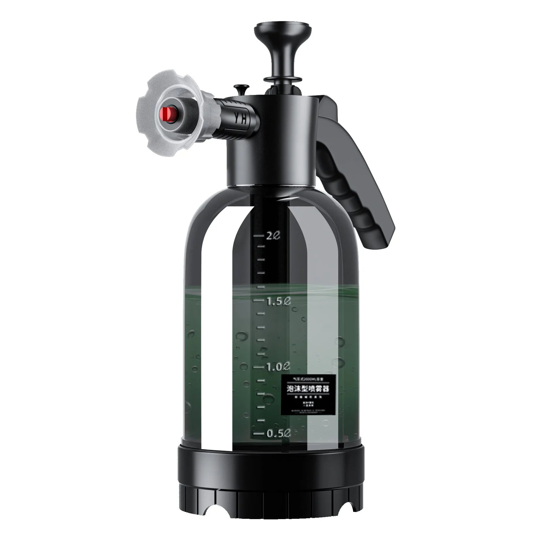 Hand-held 2 litre car wash foam sprayer gun with electric pump and high-pressure water cannon attachment.