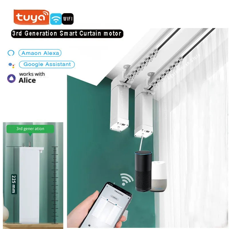 Duya smart curtain motor with aluminium track and remote control for voice-operated automated curtains.