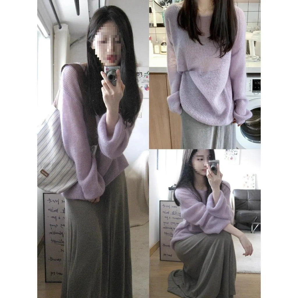 Women's purple ice silk blouse with hollow-out design and princess sleeves, loose fit pullover.