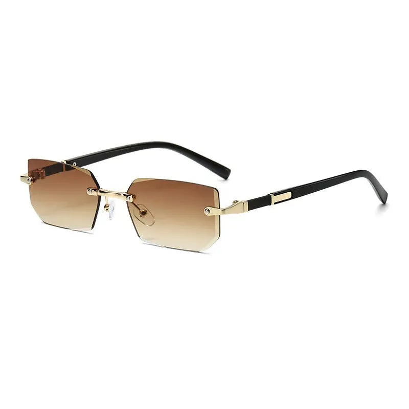 Unisex frameless water drop sunglasses in black, transparent, gold and gradient grey for sun protection and outdoor wear