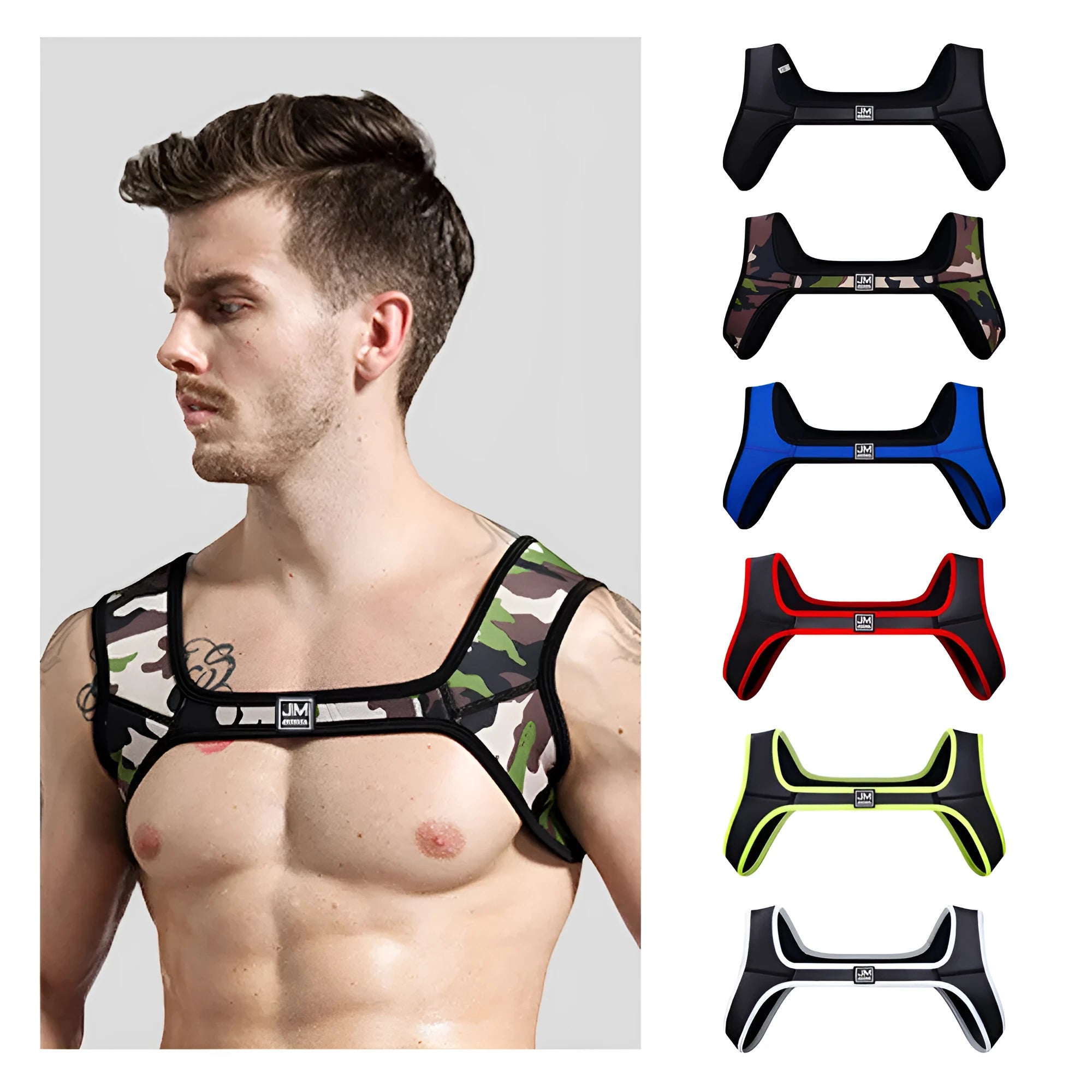 Men's neoprene sports shoulder strap in black, blue, camouflage, fluorescent green, red, and white on a white background
