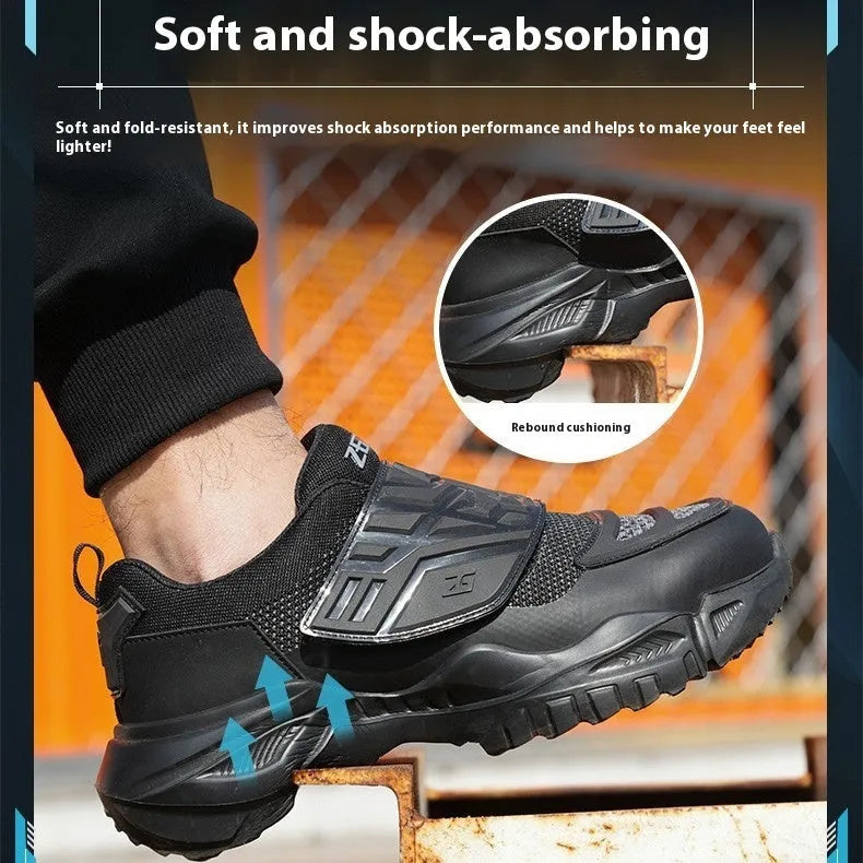 Black men's steel toe safety work shoes with felt buckle closure on a light background