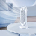 White modern desktop USB tower fan with remote control on a wooden desk, showing dual air outlets.