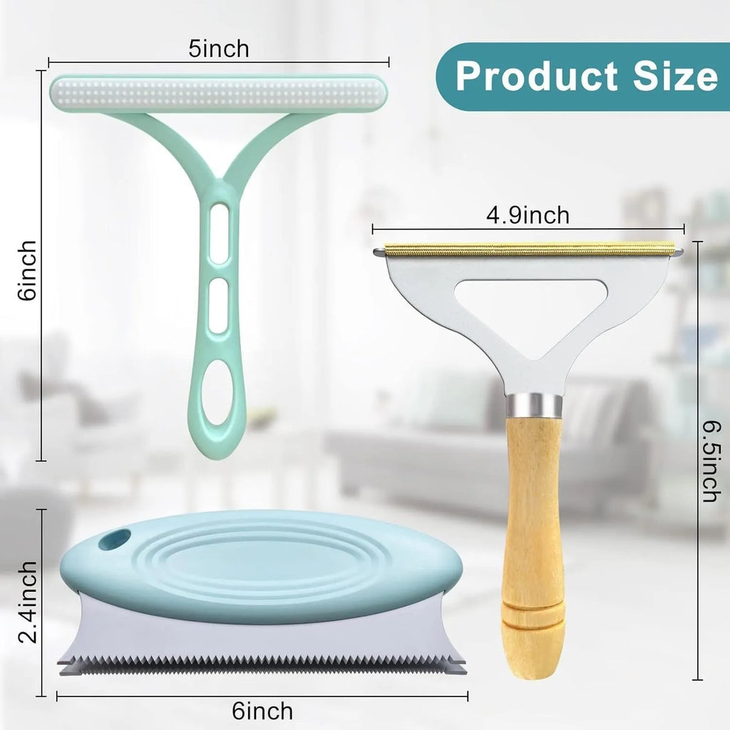 Three-piece pet hair remover set with metal lint shaver, silicone brush, and round ABS/TPR cleaner
